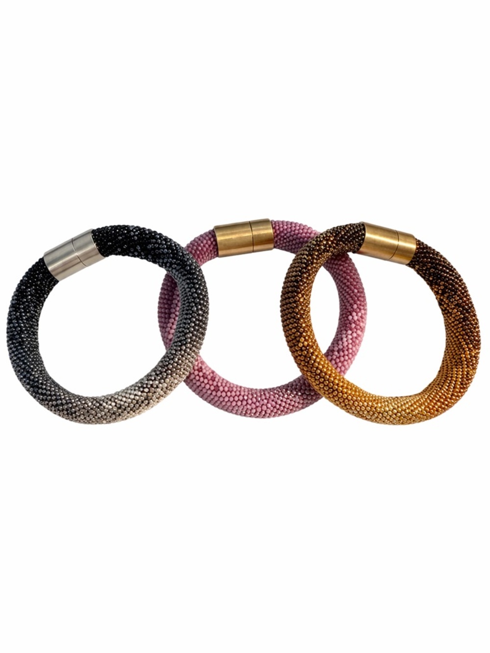 Beaded Crystal Mesh Bracelet Set – Gold, Pink & Black | Magnetic Stack